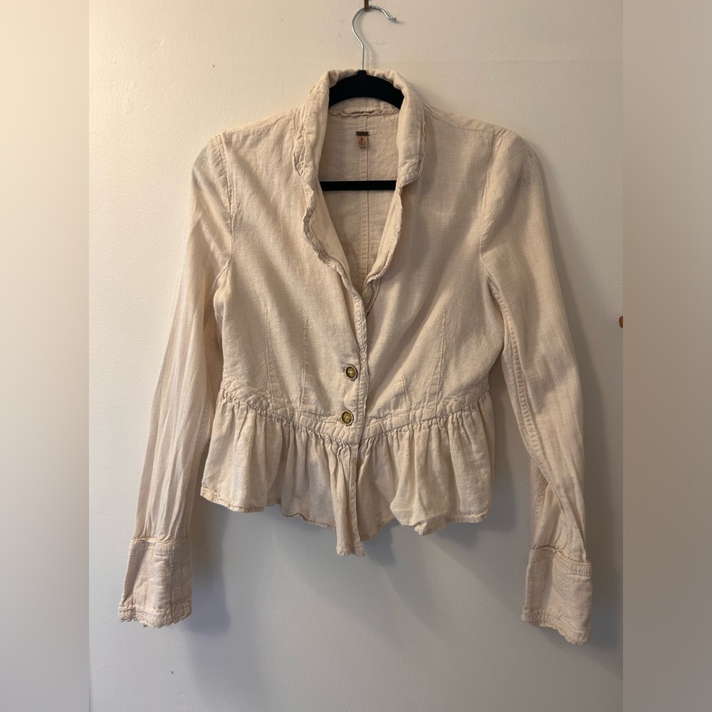 Free People Cream Ruffled Peplum Button Front Blouse